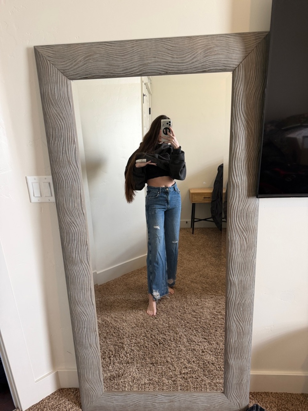 Free People Distressed High-Rise Wide Leg Jeans in Blue